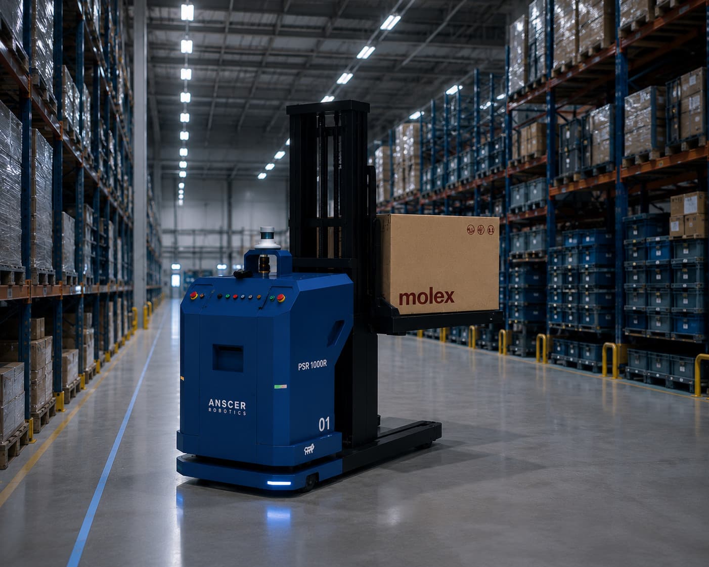 ANSCER robot moving through a warehouse aisle